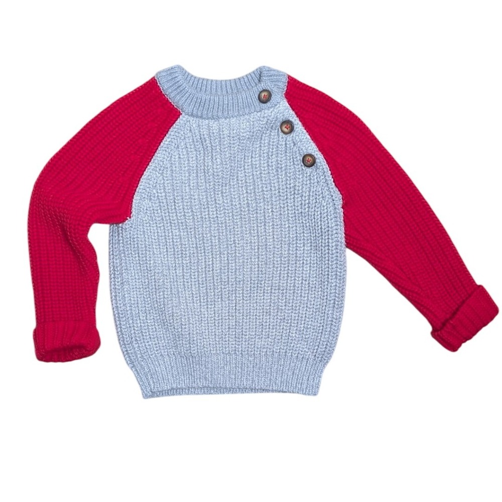 Boden Kids Boys Sweater Knit Color Block Red Grey 3-4Y‎ Button Neck